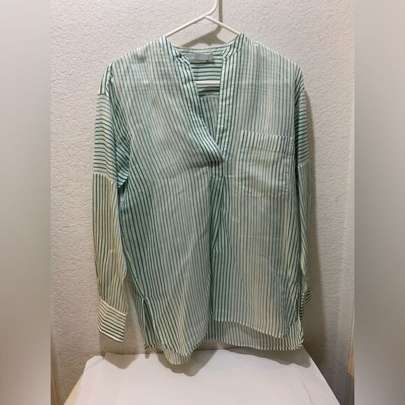 Vince Pencil Stripe Cotton & Silk Tunic In Malachite Popover Tunic Sheer XS - Picture 4 of 15
